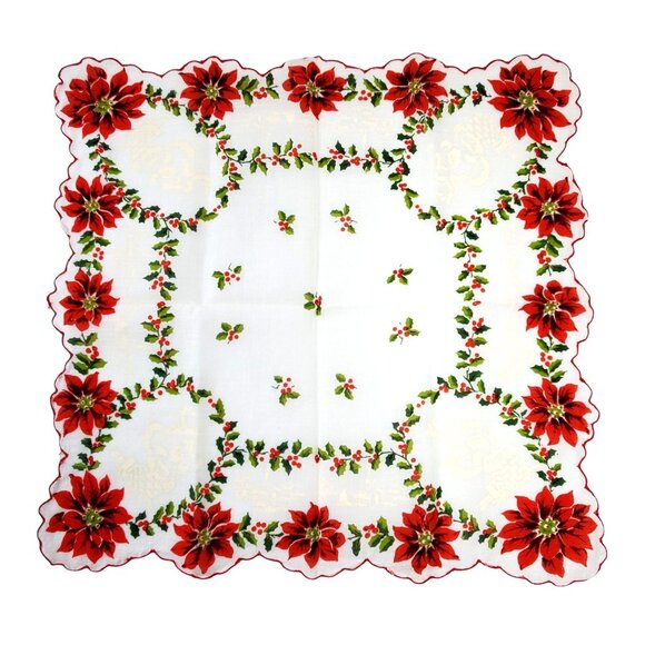 Other - Vintage Christmas Poinsettia & Holly Handkerchief 13"x13" Square Cotton